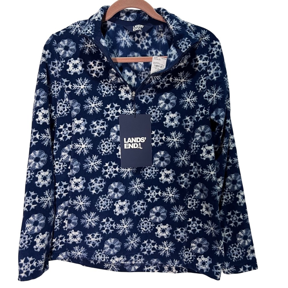 Lands End Fleece Quarter Zip Pullover Top Navy Snowflake Print Womens NWT Winter